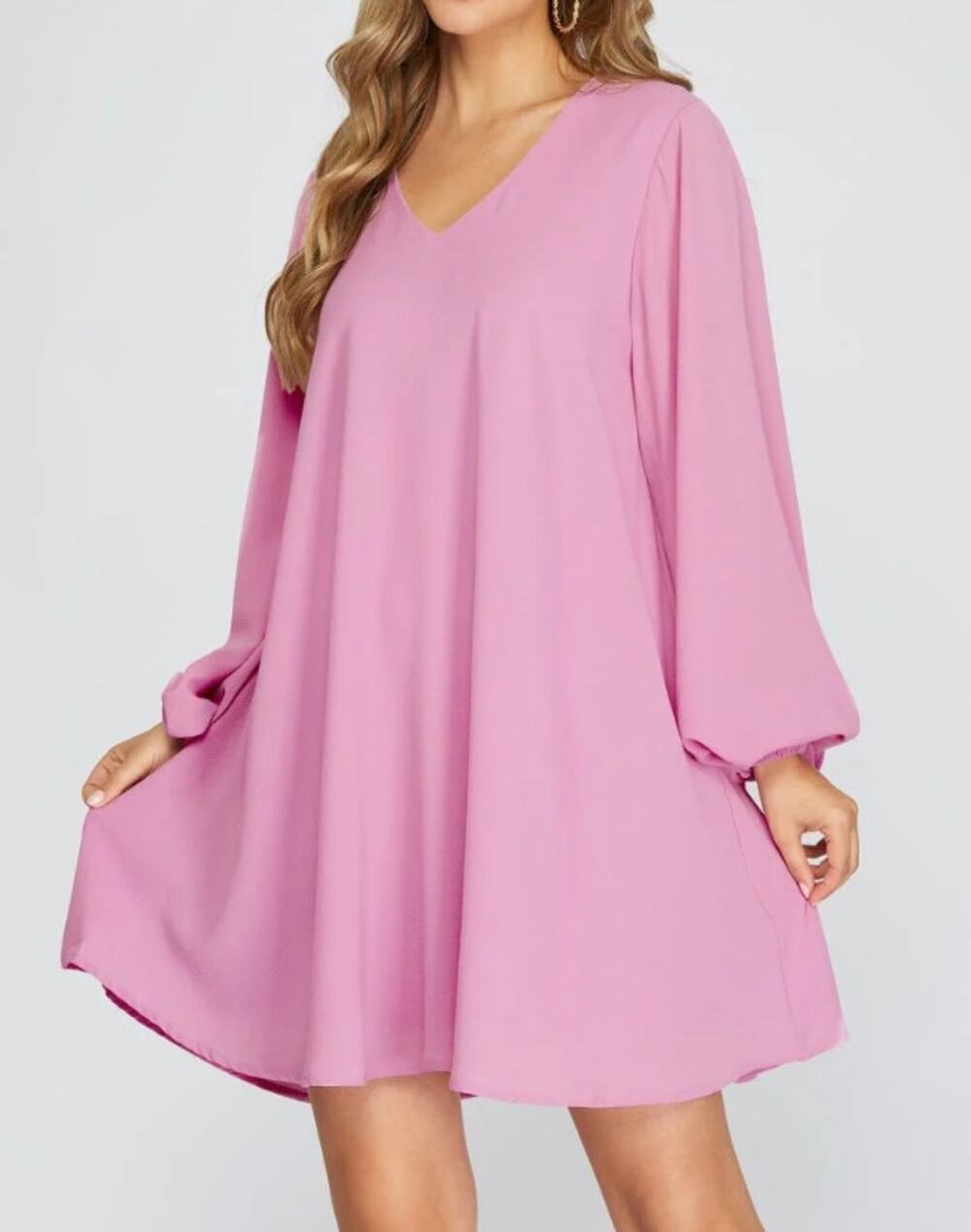 PINK V-NECK LONG SLEEVES FLOUNCE WOVEN MINI DRESS